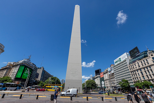 Buenos Aires, Argentina - jan 27th 2024: - Obelisk of Buenos Aires (El Obelisco) a national historic monument located at Republic Square (Plaza de la Republica) on 9 de Julio Avenue
