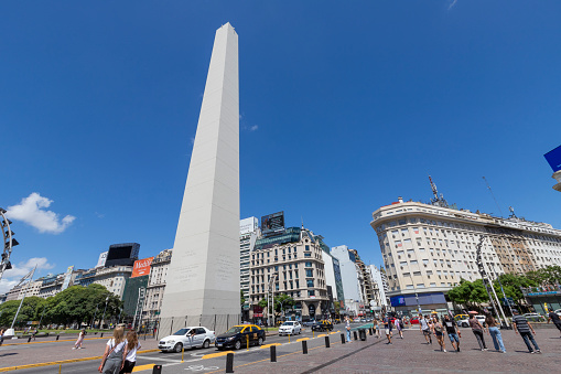 Buenos Aires, Argentina - jan 27th 2024: - Obelisk of Buenos Aires (El Obelisco) a national historic monument located at Republic Square (Plaza de la Republica) on 9 de Julio Avenue