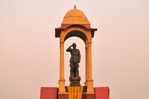 Statue of Subhas Chandra Bose under canopy behind India Gate war memorial