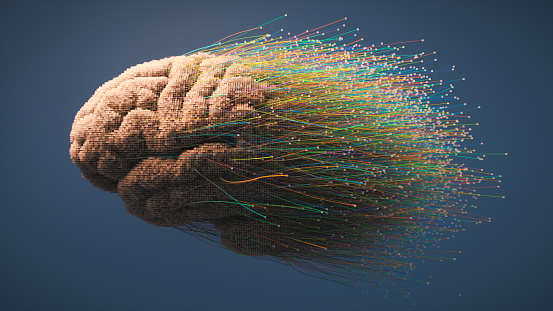 Abstract futuristic human brain with colorful fibers.