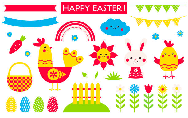 행복한 부활절 요소 세트입니다. 토끼, 병아리, 암탉, 달걀, 태양, 구름, 꽃, 멧새, 리본, 무지개, 바구니, 잔디 울타리, 당근, 나뭇잎. 봄 컬렉션. 만화 벡터 일러스트 레이 션 - 11274 stock illustrations