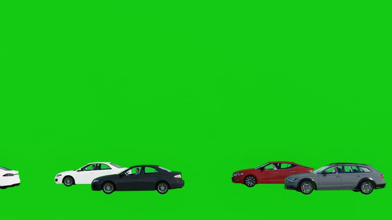 Multicolor Cars with Driver are Moving on Green Screen 3d Animation