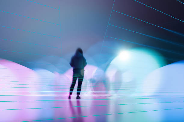 Young woman standing between abstract glass pieces in VR environment