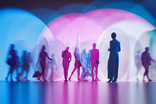 People silhouettes between abstract glass pieces  - 3D generated image.