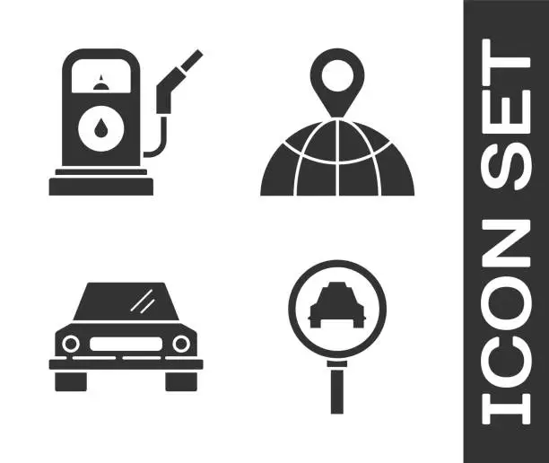 Vector illustration of Set Magnifying glass and taxi car, Petrol or Gas station, Car and Location on the globe icon. Vector