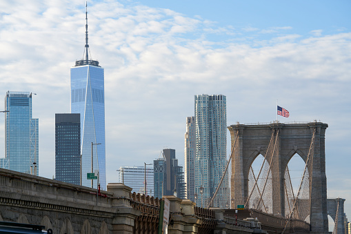 The Brooklyn Bridge and the Wall Street skyline were photographed in New York City, New York, on Wednesday, October 25, 2023.
