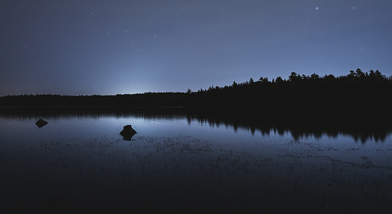 Standing at the edge of a still lake at night. Long exposure.