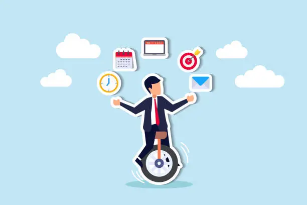 Vector illustration of Mastering productivity, project management, multitasking, and time management maximizes output concept, skillful businessman riding unicycle juggling elements, laptop, calendar, ideas and emails.