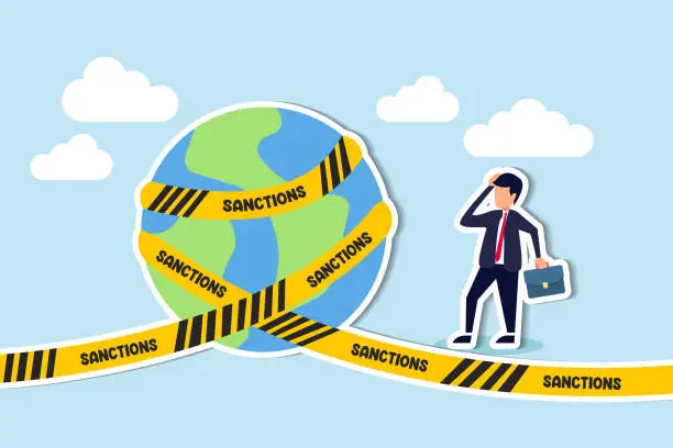 Vector illustration of Economic sanctions compel nations to adhere to international law by restricting halting trade concept, businessman look at planet earth world country with prohibited yellow tape with word sanctions.