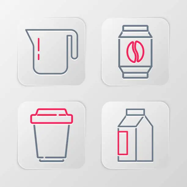 Vector illustration of Set line Bag of coffee beans, Coffee cup to go, and pot icon. Vector