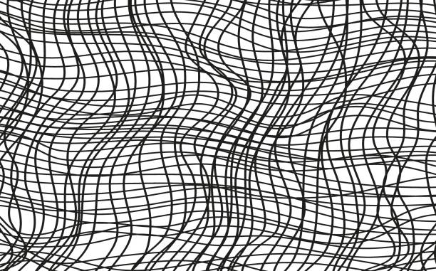 Print Illustration of a black fishing or football net.Checkered wavy background in doodle style. how to draw a volleyball net drawing stock illustrations