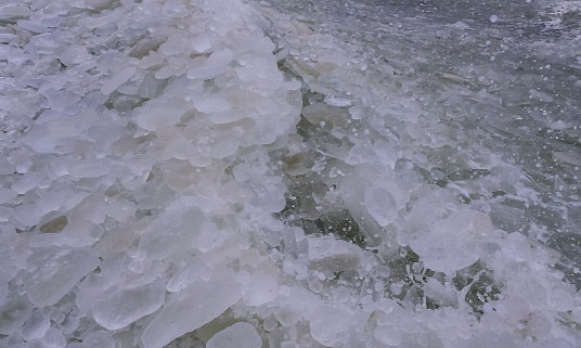 Round and pancaked ice near the shore of the frozen Black Sea, harsh winter of 2011