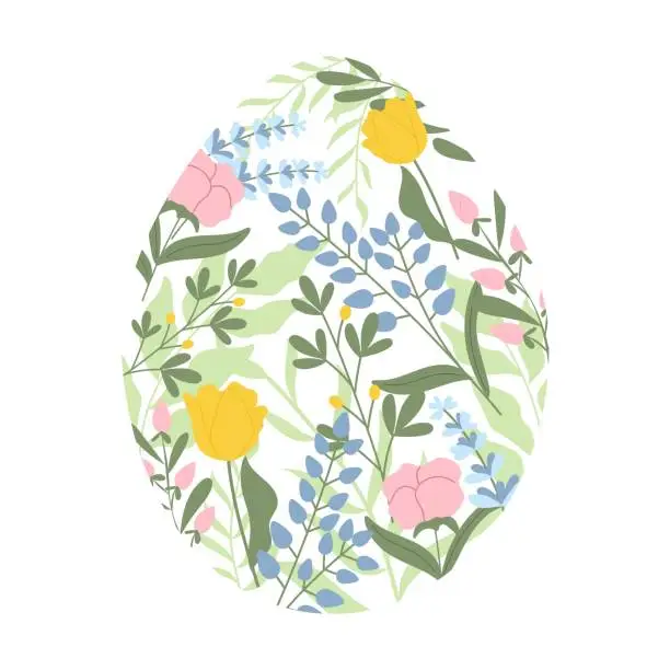 Vector illustration of Easter egg silhouette with spring flowers. Hand drawn vector design in pastel colors.