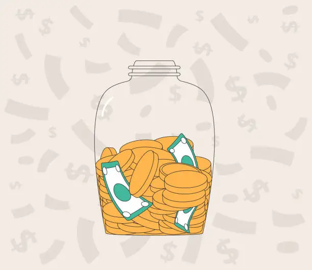 Vector illustration of Savings for dream. Glass money jar with coins and banknotes. Moneybox.