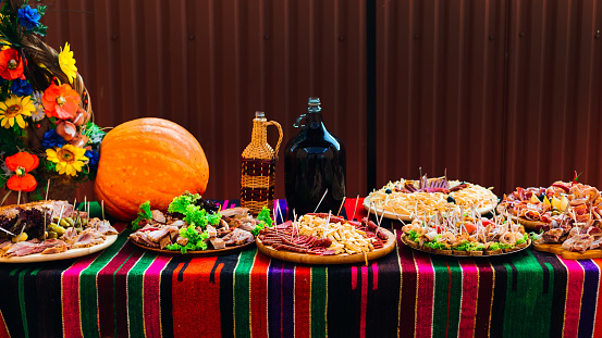 Wedding table with food. Snacks, appetizer and drink on the table. great pumpkin.