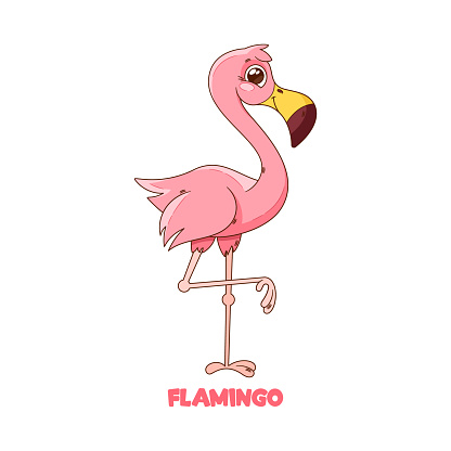 Cartoon Pink Flamingo Character With Exaggerated Long Legs And A Curvy Neck. It Has Big, Expressive Eyes, A Charming Smile. Isolated Vector Illustration of Quirky and Vibrant African Bird Personage