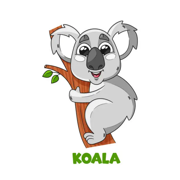 Vector illustration of Adorable Cartoon Koala With Big, Round Eyes, A Fluffy Gray Coat And A Friendly Smile On Tree Branch, Vector Illustration