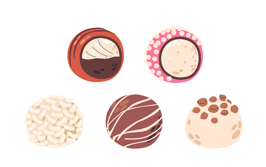 Chocolate Candies, Bite-sized Round Delightful Confections Combining Rich, Creamy Choco With Fillings Like Nuts, Caramel, Or Fruity Centers, Sweet And Complex Flavors. Cartoon Vector Illustration