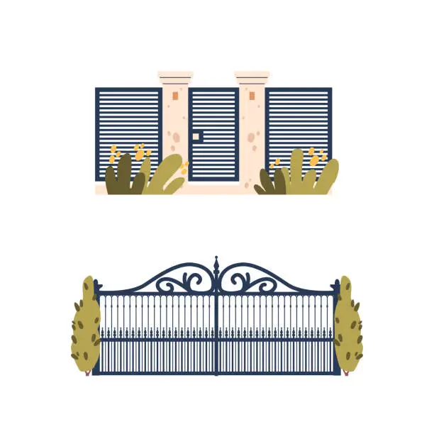 Vector illustration of Metal Gates or Fence Provide Security And Privacy, Defining Property Boundaries. Aesthetic, Forged Welcoming Entrance