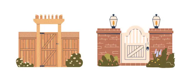 Vector illustration of Wooden Fence And Gate, Architectural Design, Exudes Natural Charm. Sturdy Brick Pillars Enhance Durability