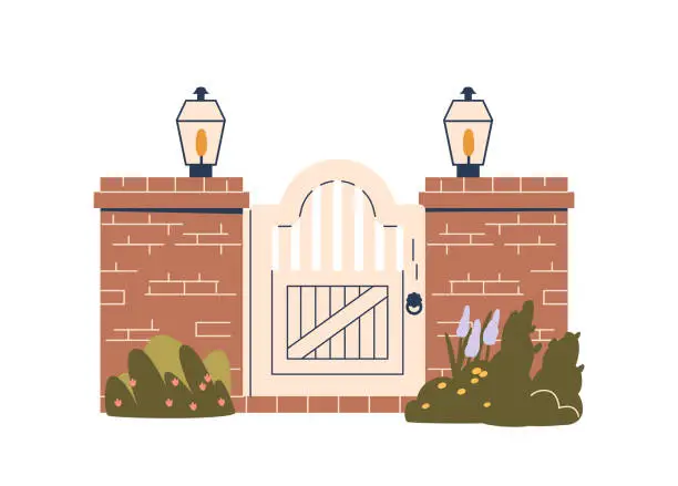 Vector illustration of Wooden Gate Framed By Sturdy Brick Pillars, Lanterns And Flowers, Creating Charming Timeless Entrance