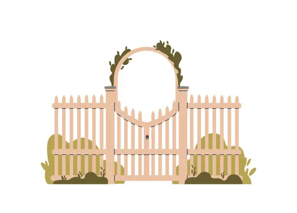 Vector illustration of Elegant Wooden Fence And Gate, Exquisitely Crafted From Wood, Gracefully Intertwined With Lush, Manicured Hedge