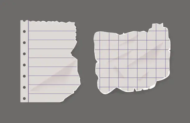 Vector illustration of Lined And Checkered Torn Paper Pieces. Fragmented Sheets, Featuring Horizontal Lines Or Grid Patterns, With Jagged Edges