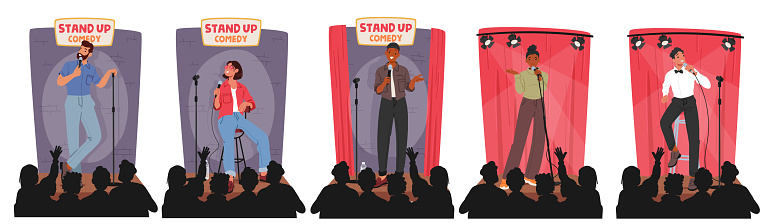 Male and Female Artist Characters Captivate The Audience With Witty Anecdotes, Clever Observations And Impeccable Timing, Delivering Hilarious Stand-up Comedy Show. Cartoon People Vector Illustration