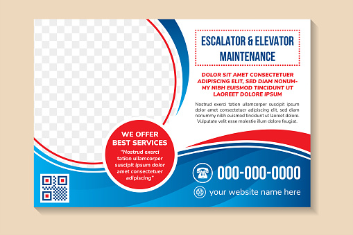 Horizontal Banner for escalator and elevator maintenance, creative concept for advertising, template for posting photos and text. Modern design with white background. blue gradient and red