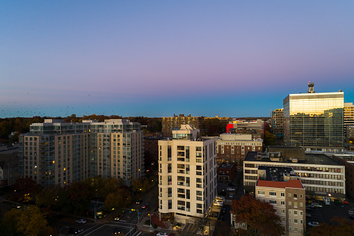 Modern condos in White Plains, Westchester County, New York State, in the evening.
