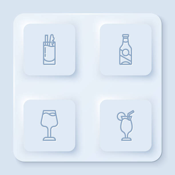 セットラインカクテルブラッディマリー、ビール瓶、ワイングラス、。白い四角いボタン。ベクトル - beer glass beer bottle beer lemon点のイラスト素材／クリップアート素材／マンガ素材／アイコン素材