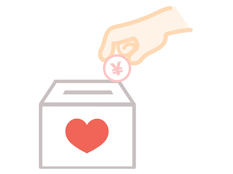 Illustration of a donation box and a hand putting money in 3