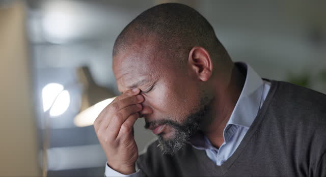 Black man, senior and headache, stress or burnout with business deal fail and mistake at company. Work crisis, negotiation disaster and migraine with face and corporate employee with brain fog