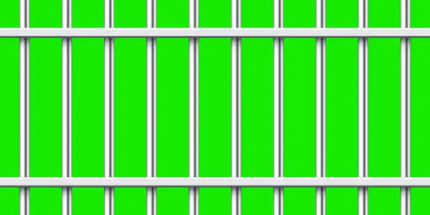 Vector illustration of Shiny metal prison bars isolated on green chroma key. Detailed jail cage, prison iron fence. Criminal background mockup. Vector illustration