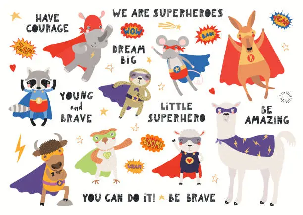 Vector illustration of Cute animal superheroes big set