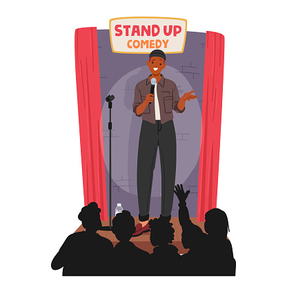 Male Artist Confidently Commands The Stage, Delivering Uproarious Punchlines With Impeccable Timing. Expressive Gestures And Infectious Energy Creating A Night Filled With Laughter And Joy, Vector