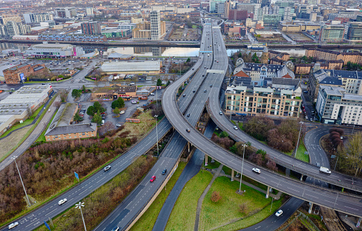 Glasgow, UK, January 14th 2024, Aerial view of the Kingston Bridge over the River Clyde and M8, M74 Motorway UK
