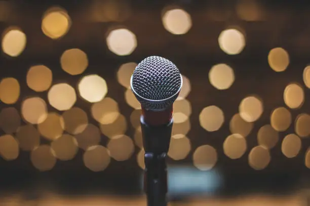 Image of a microphone centered on the theater stage, with soft, blurred lighting. The stage is set for an event, be it a concert, lecture, congress, speech, comedy show or conference. This microphone is the vital link between performers and audience, ensuring crystal-clear audio for an unforgettable experience.