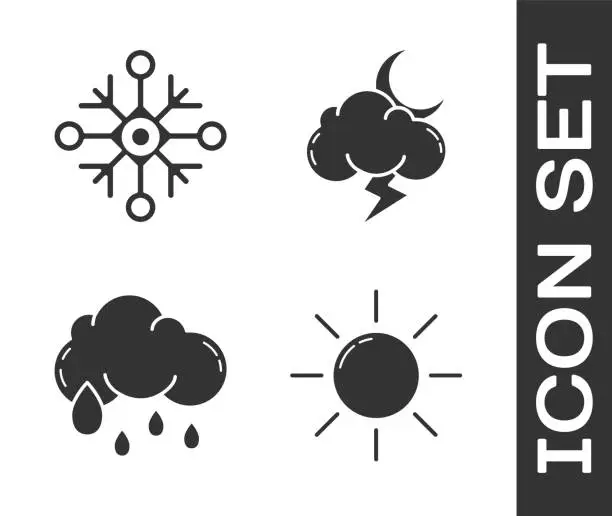 Vector illustration of Set Sun, Snowflake, Cloud with rain and Storm icon. Vector