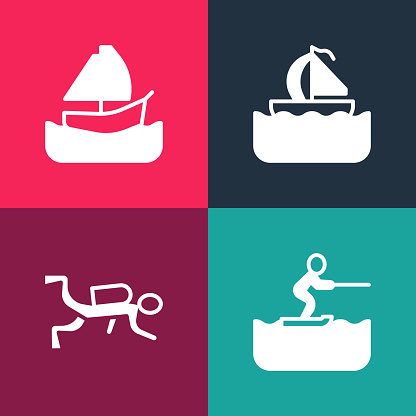 Set pop art Water skiing man Scuba diver Yacht sailboat and icon. Vector.