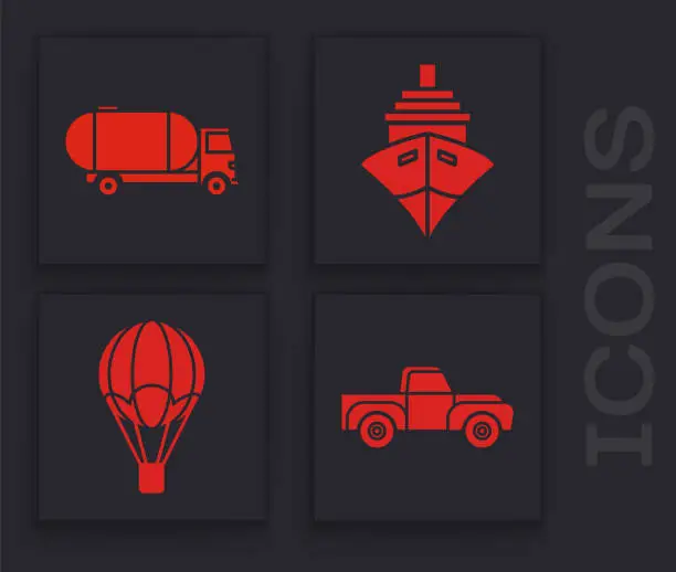 Vector illustration of Set Pickup truck, Tanker truck, Cargo ship and Hot air balloon icon. Vector