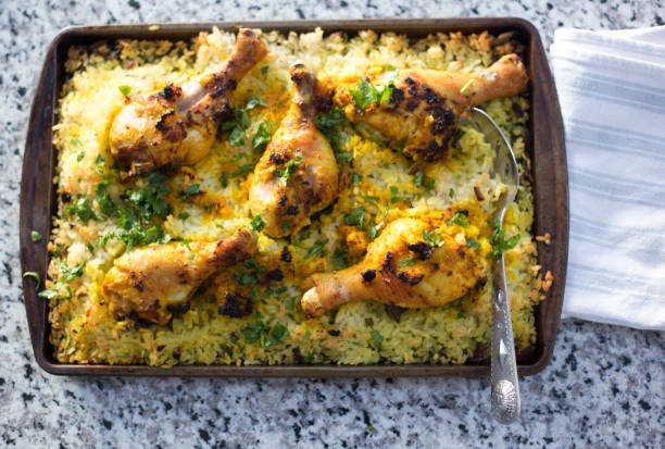 Chicken and Rice on Sheet Pan, Spoon, Tea Towel
