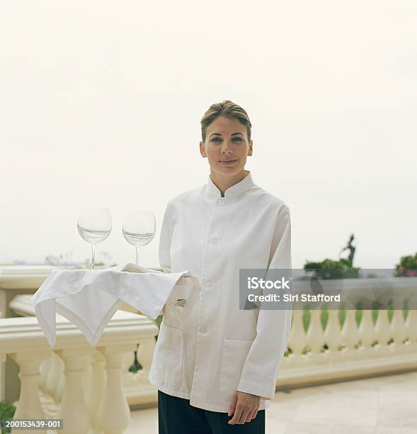 Waitress Holding Tray With Wine Glasses Portrait Stock Photo - Download Image Now - Caterer, One Person, Waitress