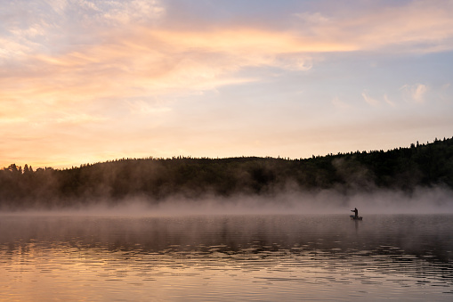 A senior man doing fly-fishing in a boat on a lake of Lanaudiere, Quebec, during a beautiful sunrise of summer.