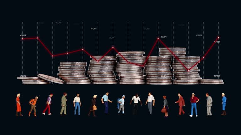 Fluctuating line graphs and miniature people and coins.