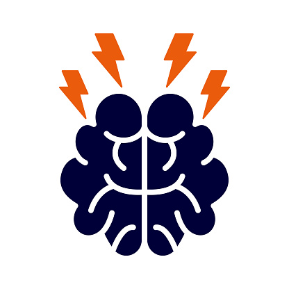 Brain with lightning bolt, illustration of headache icon vector