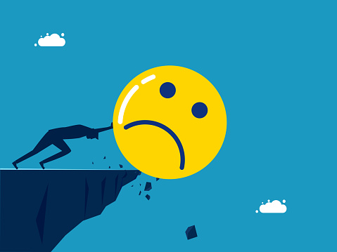 man pushes negative thoughts down the mountain vector illustration