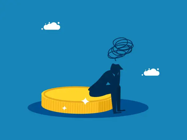 Vector illustration of Stressed because of little money. Businessman sitting sadly on a coin