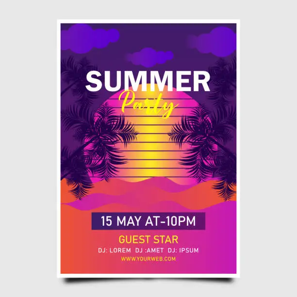 Vector illustration of Retro 80s Summer Party with palm trees and retro sun poster design template