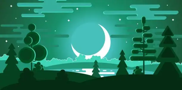 Vector illustration of Flat design. Landscape with the moon.